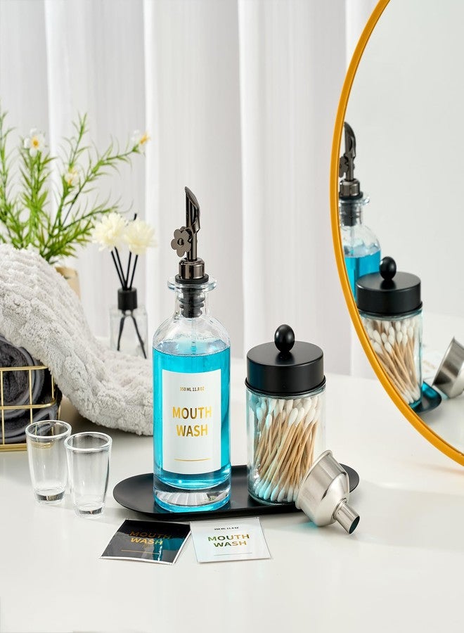 MUVEKA Glass Mouthwash Dispenser Bottle for Bathroom, 11.8oz Mouthwash Decanter with Auto Spout, Stianless Steel Tray, Refillable Cups, Silicone Strips, Reusable Funnel, Golden Stickers, Qtip Holder - Image 2